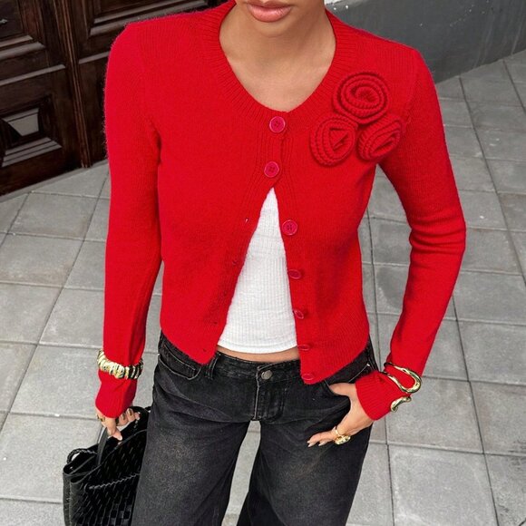 Red Casual Women's Elegant Floral Decor Button-Up Cardigan - Picture 4 of 6
